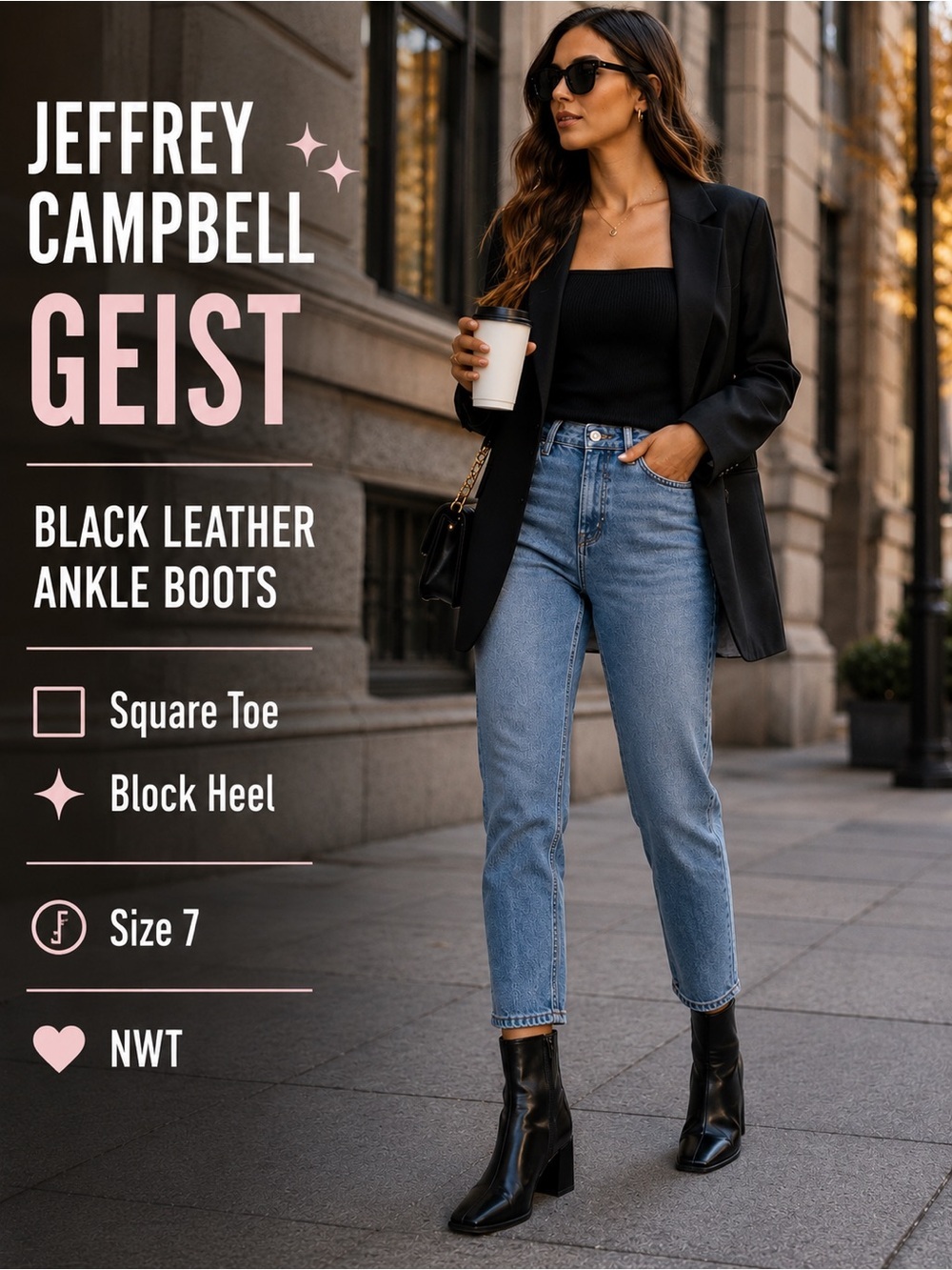 Jeffrey Campbell Geist Square Toe Ankle Boots Black Leather Size 7 NWT